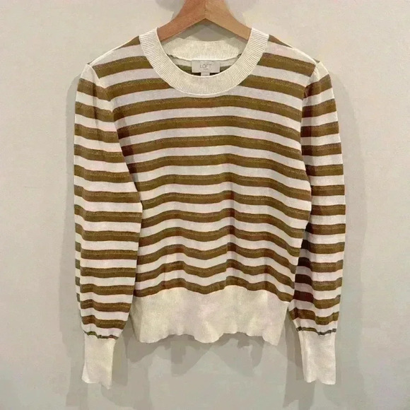 Loft Women’s Striped Puff Sleeve Knit Crewneck Sweater Pullover Tan White Size S - Picture 1 of 7